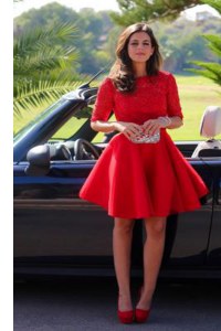 Free and Easy A-line Prom Dresses Red Halter Top Lace Half Sleeves Knee Length Backless