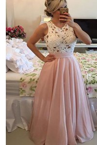 Superior Scoop Pink Chiffon Side Zipper Prom Party Dress Sleeveless Floor Length Lace
