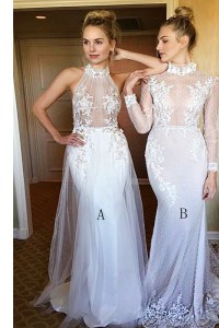 Mermaid White Prom Dress Tulle and Lace Sweep Train Long Sleeves Lace