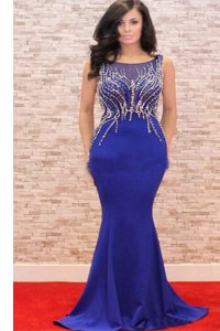 New Arrival Royal Blue Mermaid Elastic Woven Satin Scoop Sleeveless Beading and Appliques Zipper Prom Evening Gown Sweep Train
