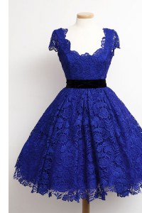 Chic Lace Knee Length Royal Blue Winning Pageant Gowns Scoop Cap Sleeves Zipper