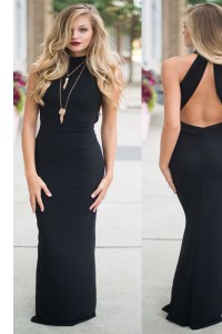 Extravagant Mermaid Scoop Sleeveless Elastic Woven Satin Floor Length Backless Evening Gowns in Black with Ruching