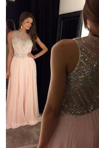 Scoop Sleeveless Chiffon Sweep Train Criss Cross Prom Evening Gown in Pink with Beading