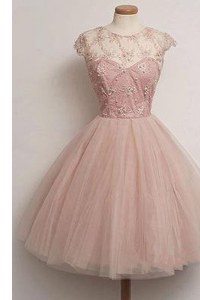 Noble Scoop Pink Cap Sleeves Tulle Zipper Celebrity Dress for Prom and Party