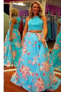 Halter Top Aqua Blue A-line Lace and Embroidery Dress for Prom Zipper Satin Sleeveless