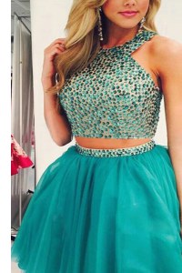 Romantic Scoop Turquoise Organza Zipper Dress for Prom Sleeveless Knee Length Beading