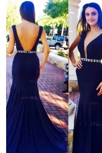 Ideal V-neck Sleeveless Elastic Woven Satin Prom Gown Beading Sweep Train Backless
