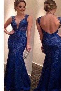 V-neck Sleeveless Lace Prom Gown Lace Brush Train Backless