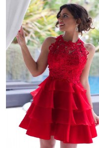 Halter Top Lace and Ruffled Layers Prom Party Dress Red Zipper Sleeveless Knee Length