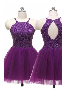 Fashion Purple A-line Scoop Sleeveless Tulle Mini Length Zipper Sequins Evening Dress