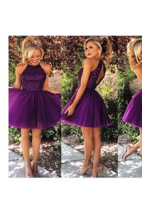 Knee Length Backless Dress for Prom Purple for Prom and Party with Beading and Ruching