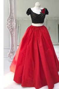 Fancy V-neck Short Sleeves Evening Dress Floor Length Beading and Ruffles Red Organza