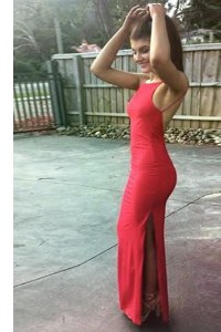 Extravagant Mermaid Scoop Floor Length Backless Prom Evening Gown Red for Prom with Ruching