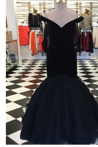 Mermaid Floor Length Black Homecoming Dress Off The Shoulder Short Sleeves Zipper