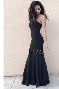 Fancy Black Mermaid Strapless Sleeveless Elastic Woven Satin Floor Length Zipper Ruching Evening Party Dresses