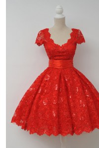 Fine Scalloped Red Cap Sleeves Lace Zipper Club Wear for Prom and Party