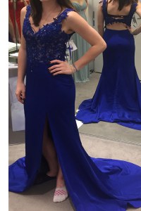 Royal Blue Backless V-neck Beading and Appliques Prom Dresses Satin Sleeveless Sweep Train