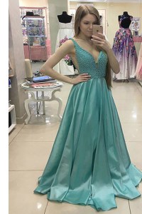 Green Sleeveless Satin Sweep Train Zipper Prom Gown for Prom