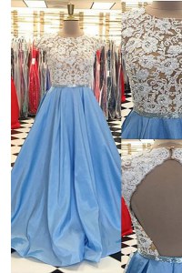 Scoop Cap Sleeves Beading and Lace Backless Prom Party Dress with Blue Sweep Train