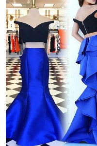 Comfortable Sweep Train Mermaid Prom Gown Royal Blue Off The Shoulder Satin Short Sleeves With Train Zipper