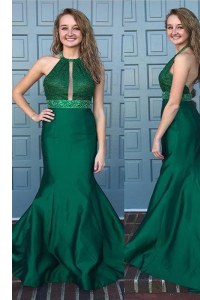 Customized Mermaid Halter Top Green Sleeveless Sweep Train Beading and Lace With Train Prom Dress