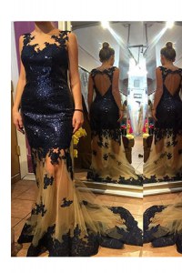 Superior Navy Blue Organza and Sequined Backless Scalloped Sleeveless With Train Pageant Dress Wholesale Brush Train Sequins