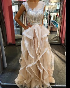 Scoop Sleeveless Tulle Floor Length Zipper in Champagne with Beading and Ruffles