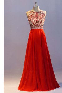 Scoop Coral Red Chiffon Side Zipper Homecoming Dress Sleeveless Floor Length Beading and Pleated