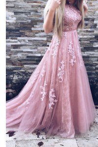 Elegant Pink A-line Scoop Sleeveless Tulle Sweep Train Zipper Appliques and Sashes ribbons Prom Evening Gown