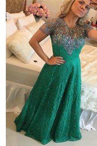 Scoop Short Sleeves Lace Prom Gown Beading Zipper