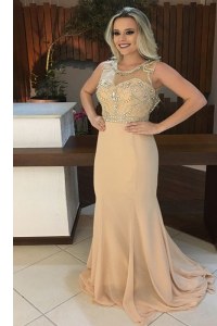 Fantastic Mermaid Scoop Beading Prom Gown Champagne Backless Sleeveless Sweep Train