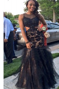 Mermaid Tulle Scoop Sleeveless Backless Beading and Lace Prom Party Dress in Black