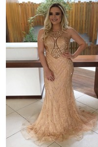 Clearance Mermaid Lace Champagne Homecoming Dress Prom and For with Beading Scoop Sleeveless Sweep Train Backless