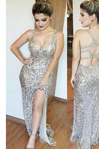 Popular Mermaid Silver Backless V-neck Sequins Prom Evening Gown Sequined Sleeveless