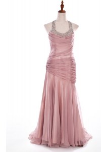 Halter Top Pink Column/Sheath Beading Prom Evening Gown Side Zipper Organza and Taffeta Sleeveless With Train