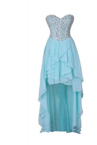 High Low Blue Prom Dress Chiffon Sleeveless Beading