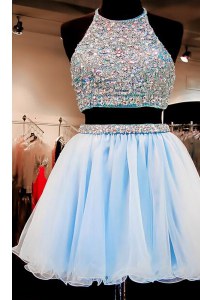 Halter Top Sleeveless Prom Gown Mini Length Beading Light Blue Chiffon