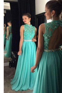 Cheap Scoop Turquoise Chiffon Backless Prom Gown Sleeveless Floor Length Beading and Lace