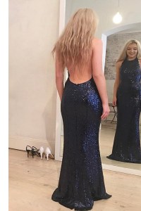 Trendy Scoop Sequins Floor Length Mermaid Sleeveless Navy Blue Prom Party Dress Backless