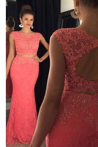 Fantastic Mermaid Lace Watermelon Red Bateau Neckline Beading and Appliques Sleeveless Backless
