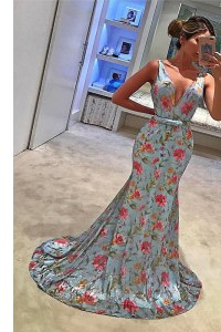 Mermaid Sleeveless With Train Bowknot Zipper Prom Dresses with Blue Sweep Train