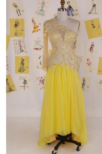 One Shoulder Appliques Prom Gown Yellow Side Zipper Sleeveless High Low