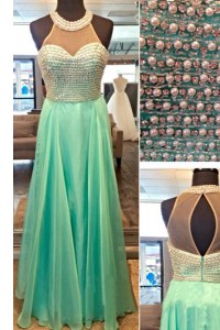 Apple Green Evening Dress Prom and Party and For with Beading High-neck Sleeveless Zipper
