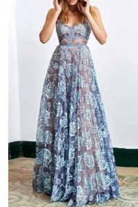 Colorful Blue A-line Lace Prom Dresses Backless Lace Sleeveless Floor Length