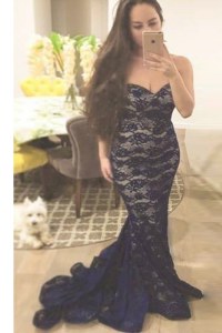 Mermaid Navy Blue Lace Zipper Evening Dress Sleeveless With Train Sweep Train Lace