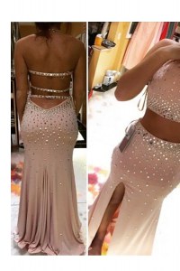Clearance Scoop Sleeveless Beading Backless Evening Dresses with Pink Brush Train