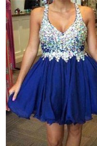 Beauteous Sleeveless Knee Length Beading Backless Prom Evening Gown with Royal Blue