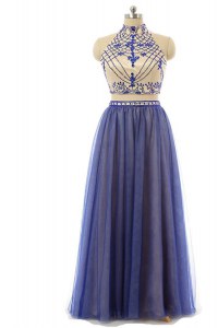 Halter Top Navy Blue Sleeveless Tulle Zipper Celeb Inspired Gowns for Prom and Party