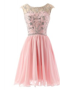 Pink A-line Scoop Sleeveless Chiffon Tea Length Zipper Beading Evening Dress