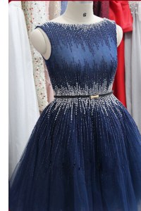 Smart Navy Blue A-line Tulle Scoop Sleeveless Beading Knee Length Zipper Prom Gown